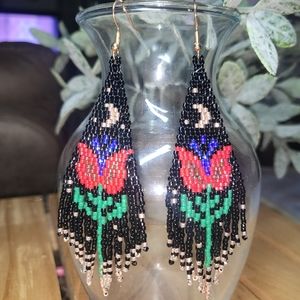 Handmade Beaded Folk Floral Fringe Earrings - Serena